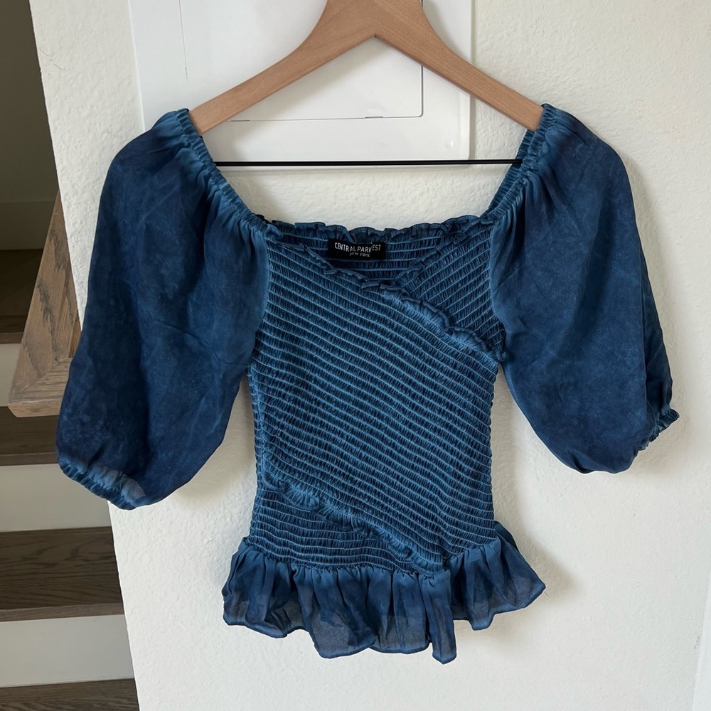 Central Park West Smocked Puff Sleeve Top in Faded Blue